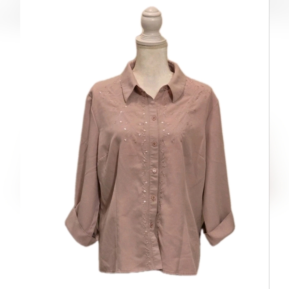 Covington Women’s Collared Button Up Blouse Sz XLP Dusty Rose Embroidered Office
